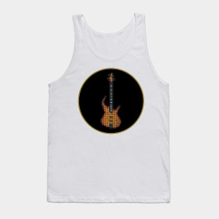 Tiled Pixel Burning Fire Bass Guitar in a Black Circle Tank Top